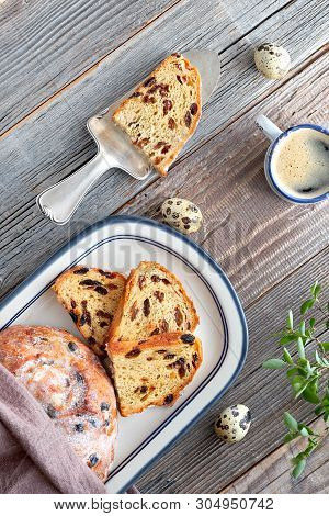 Easter Bread (osterbrot In German). Top View Of Traditional Fruity Bread On Rustic Wood  With Fresh 
