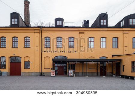 Stockholm, Sweden - April 6, 2015: Front View Of The Old Army Factory Building Torpedvekstaden, Now 