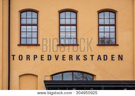 Stockholm, Sweden - April 6, 2015: Closeup Front View Of The Old Army Factory Building Torpedvekstad