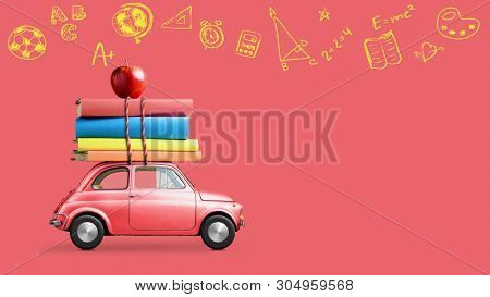 Back to school looped 4k animation. Car delivering books and apple against school blackboard with education symbols.
