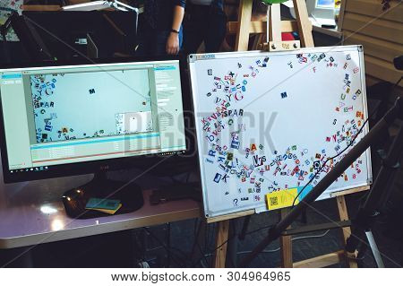 Kropivnitskiy, Ukraine - 12 May, 2018: Girl Making Stop Motion Animation Process With Magnetic Lette