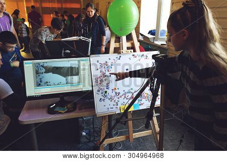 Kropivnitskiy, Ukraine - 12 May, 2018: Girl Making Stop Motion Animation Process With Magnetic Lette
