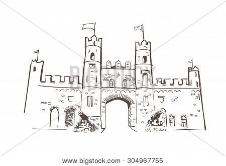 Line Art Isolated Kilkenny Gates Castle Vector Sketch