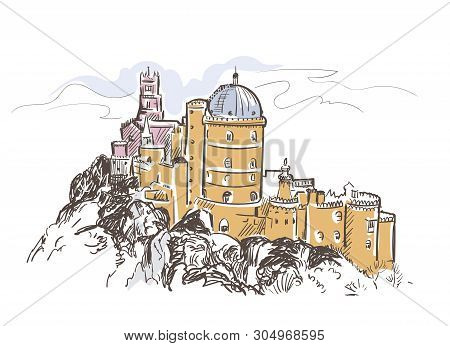 Line Art Isolated Portugal Cintra Castle Vector Sketch
