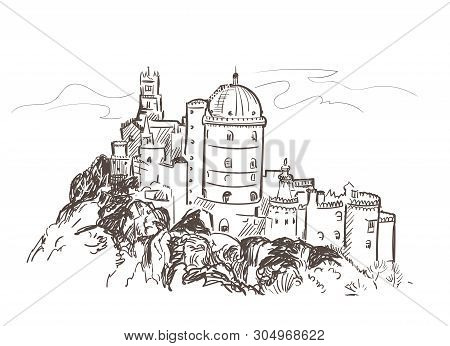 Line Art Isolated Portugal Cintra Castle Vector Sketch