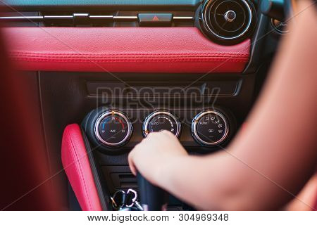 Woman Driving, Using A Manual Transmission Stick Shift. Close Up Of Woman Shifting Gears On Gearbox 