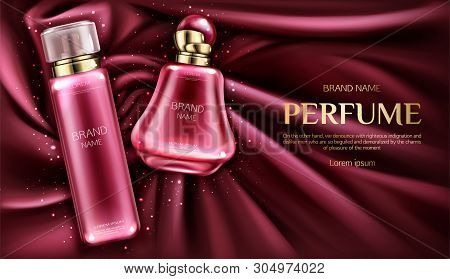 Perfume Deodorant Bottles On Vortex Velvet Or Silk Fabric Backdrop. Glass Pink Tubes Package Design 