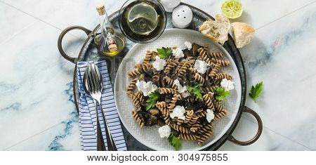 Banner Of Gluten-free Pasta From Half-wheat Farro Flour With Portobello Mushrooms And Ricotta Cheese