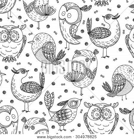 Doodle Birds Seamless Pattern. Hand Drawn Amasing Birds On White Background.