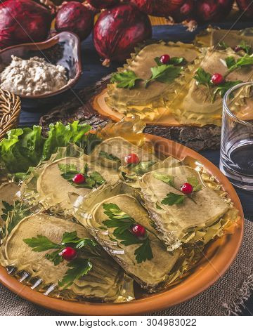 Jellied Beef Tongue On A Plate. Toned Photo. Closeup