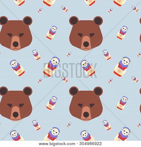 Russian Pattern With Bear And A Balalaika. Russian Symbol. Bear Seamless Pattern. Russian Sights And
