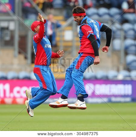CARDIFF, WALES. 04 JUNE 2019: Hamid Hasan of Afghanistan celebrates taking the wicket of Dhananjaya de Silva of Sri Lanka during the Afghanistan v Sri Lanka, ICC Cricket World Cup match