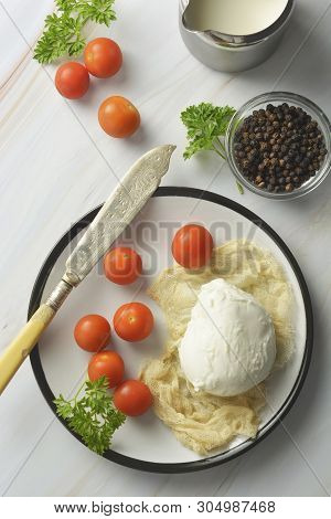 Mozzarella Cheese And Cherry Tomatoes With Spices. Homemade Mozzarella Cheese, Isolated.