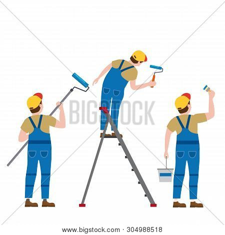 Set Painter Proffessional Characters Man At Work. Male Painters In Uniform Applying Paint To Wall Wi