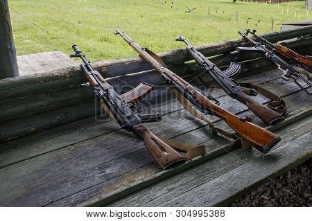 Military Training. The Weapon Is At The Ready. Machine Guns, Rifles, And Machine Guns. All Different