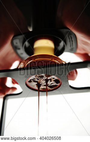 Espresso From Manual Coffee Maker, Bottom View, Close-up