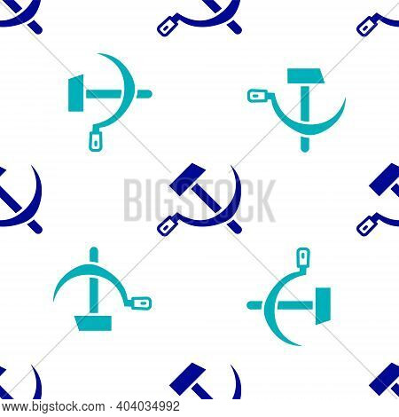 Blue Hammer And Sickle Ussr Icon Isolated Seamless Pattern On White Background. Symbol Soviet Union.