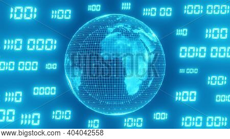 Binary Code Surrounds The Sci-fi Blue World. Concept Of Computer Programming Code And Futuristic Tec