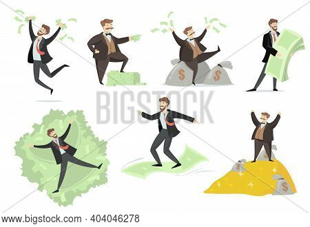Happy Rich Man Playing With His Money Flat Set For Web Design. Cartoon Millionaire Or Banker Having 