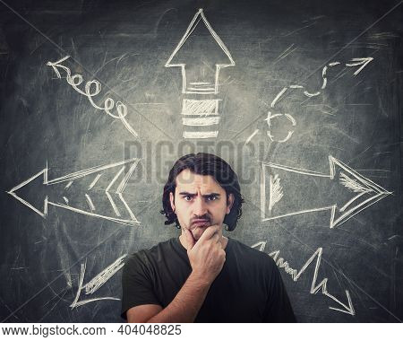 Skeptical Guy Thoughtful Looking To Camera, Keeps Hand Under Chin, Puzzled Suspicious Expression, Ha