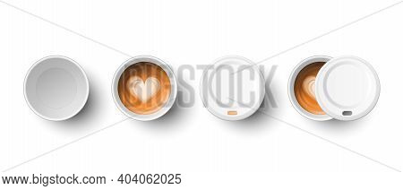 Vector 3d Realistic Paper White Disposable Empty And With Milk Coffee Cup With Lid Set Isolated. Lat