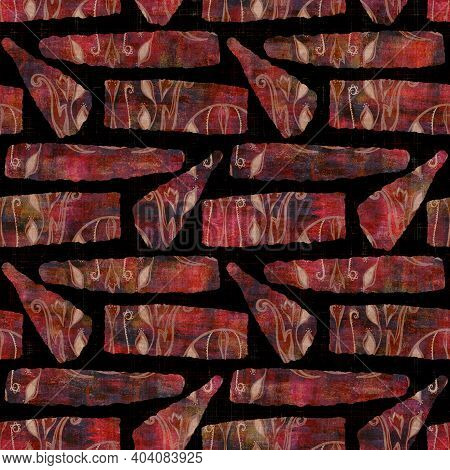 Seamless Dark Geometric Block Print Background. Boho Ethnic Soft Furnishing Fabric Style. Tie Dye Pa