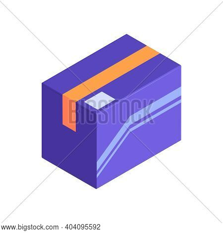 Blue Parcel Box Sealed With Orange Adhestive Tape On White Background 3d Isometric Vector Illustrati
