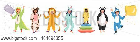 Childrens Pajama Party. Set Of Kids Wearing Jumpsuits Or Kigurumi Of Different Animals Isolated On W