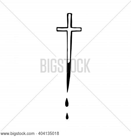 Cross With A Sharp End With Flowing Blood. Aspen Stake For Killing A Vampire. Hand Drawn Doodle Blac