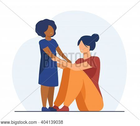 Woman Examining Scrapes On Kid. Black Adopted Child, Hurt, Trauma. Flat Vector Illustration. Family,