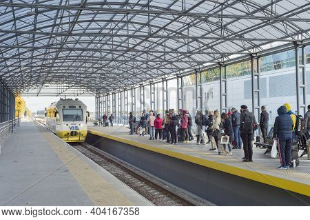 Kyiv, Ukraine - October 07, 2019: Passengers Boarding Boryspil Express Train - Shuttle Airport Train