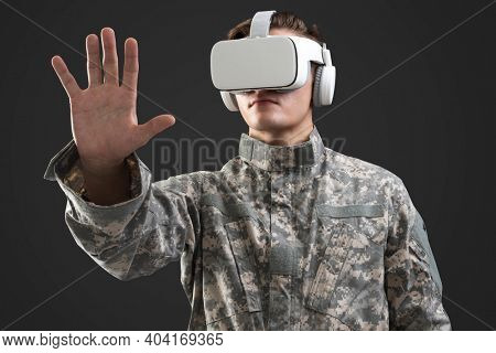 Military wearing VR headset in simulation training