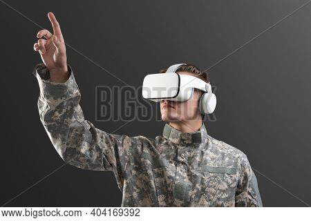 Military man with VR headset in training military technology