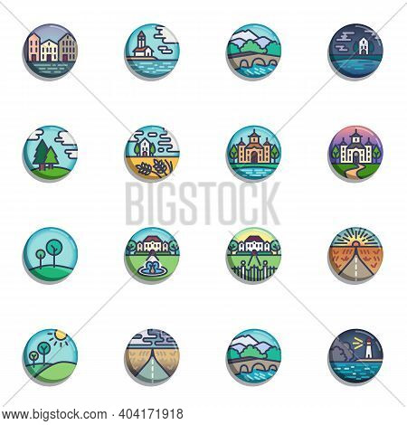 Landscape Collection, Flat Icons Set, Colorful Symbols Pack Contains - City Landscape, Nature Forest