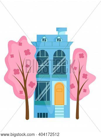 Cute Blue Cartoon House And Pink Trees With Flowers. Spring Building On The Street. Flat Vector Illu
