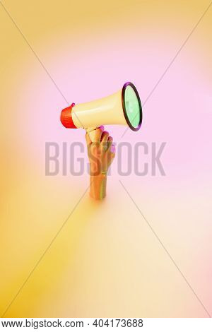 News, Shouting, Anouncement. Close Up Female Hand Gesturing From The Milk Bath With Soft White Glowi