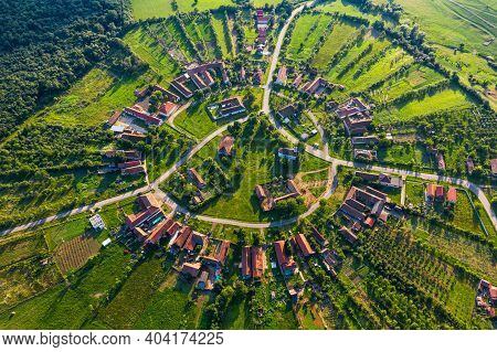Charlottenburg, Romania. Aerial View Of The Round Shape Village In Banat Historical Region.