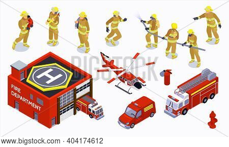 Firefighter Isometric Color Icons Set With Special Transport Warden And Brigade Of Professionals In 
