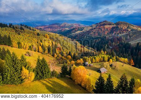 Brasov, Romania. Autumn In Moeciu Village. Rural Landscape In The Carpathians, Romania.
