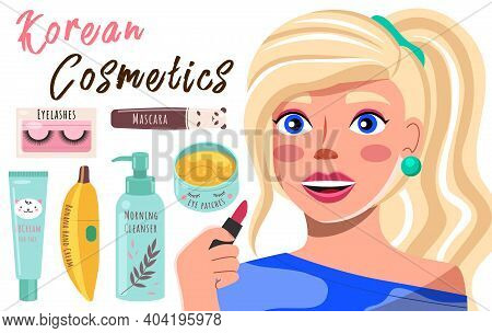 Beautiful Girl Makes Look And Does Makeup Looks After Beauty And Paints Lips, Advertises A Cosmetics