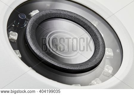 Dome Secure Camera On Light Background With Motion Sensors. Video Surveillance Camera. Closeup, Sele