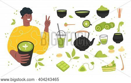 Green Matcha Tea Serve And Drink By A Young Man. Matcha Latte Healthy Drink. Various Tea Products Ma