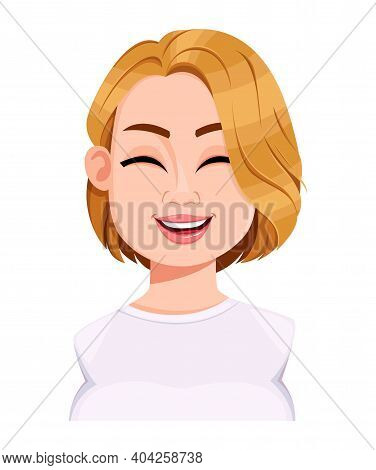 Stock Vector. Face Expression Of Beautiful Plus Size Woman, Laughing. Female Emotion. Cute Cartoon C