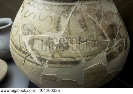 Alcala De Henares, Spain - Oct 10th, 2020: Vessel With Painted Frieze Representing 5 Horses, Made On