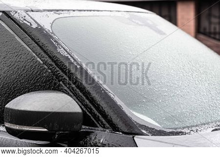 Icy Car, Ice Scraping. Car In Ice, Winter Froze Slippery Road, Ice.