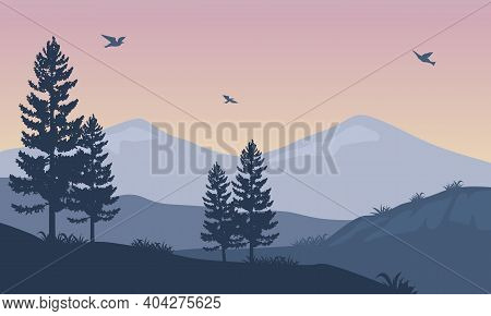 Amazing Nature Scenery At Sunset. Vector Illustration