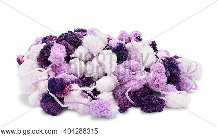 Hanks Of White, Violet And Purple Pompon Sisolated On White Background.