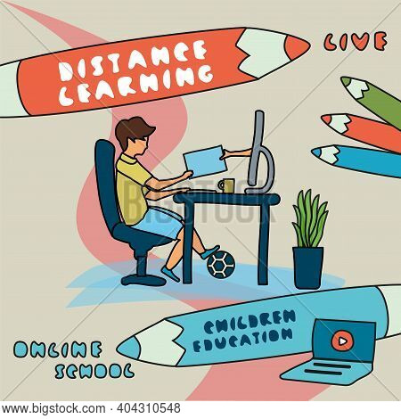 A Boy Is Sitting At The Computer. A Hand Comes Out Of The Monitor. Distance Learning Or Online Schoo