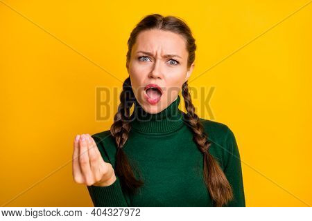 Portrait Of Attractive Furious Girl Saying Pretense Bad Mood Ask Why Isolated On Bright Yellow Color