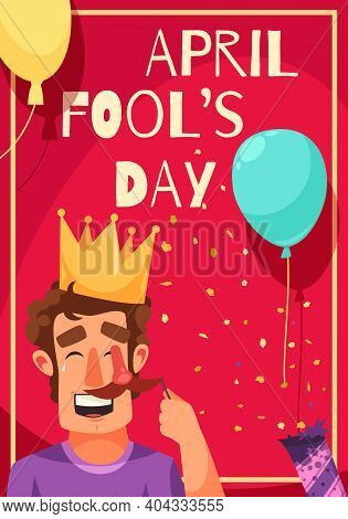 All Fools Day Vertical Composition With Frame Text Balloons With Confetti And Laughing Man In Crown 